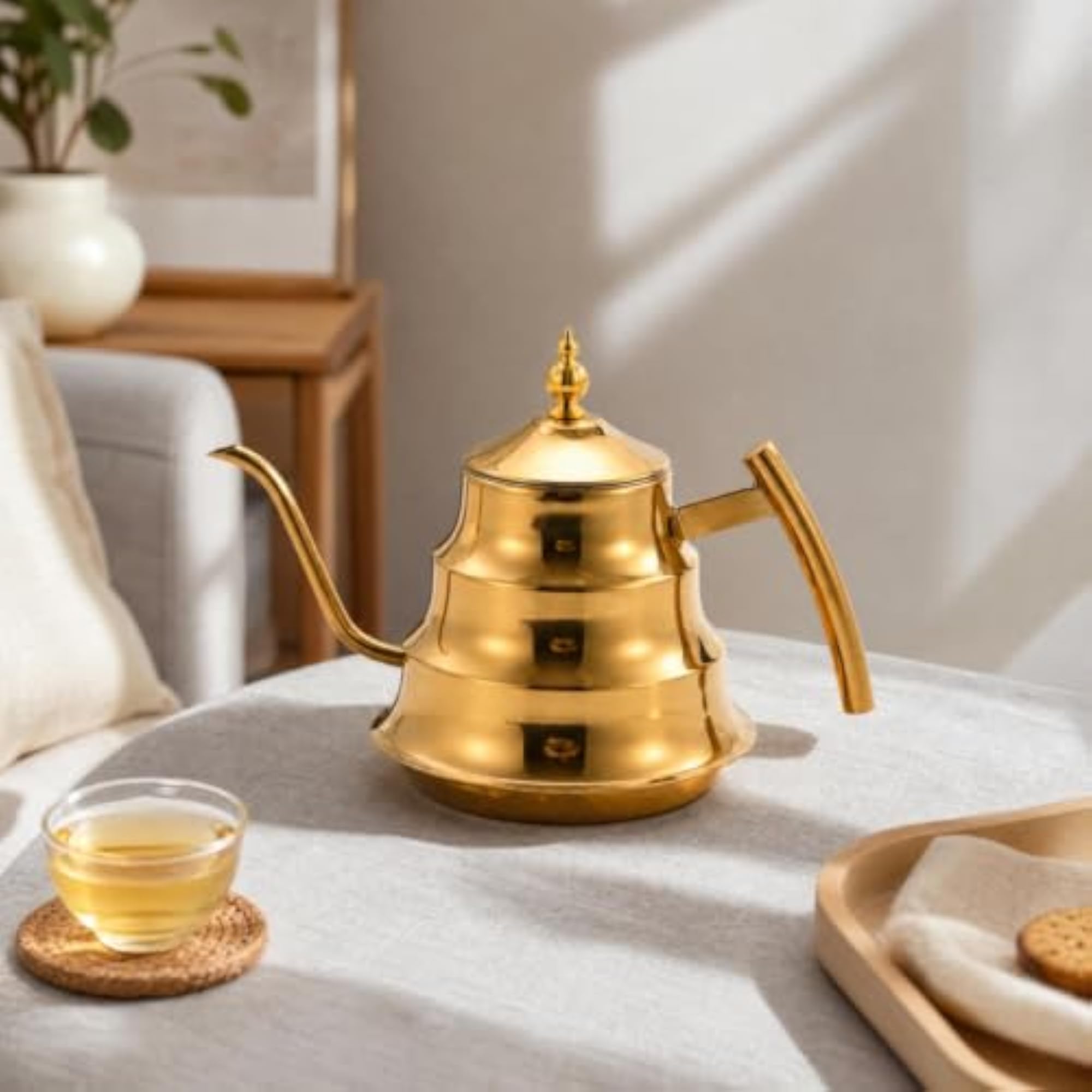 Stainless Steel Gooseneck Teapot with Strainer - Bamboo Joint Theme